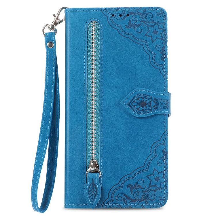 Stylish embossed flower leather phone case for Motorola Moto G 5G 2023, featuring a zipper and card holder.