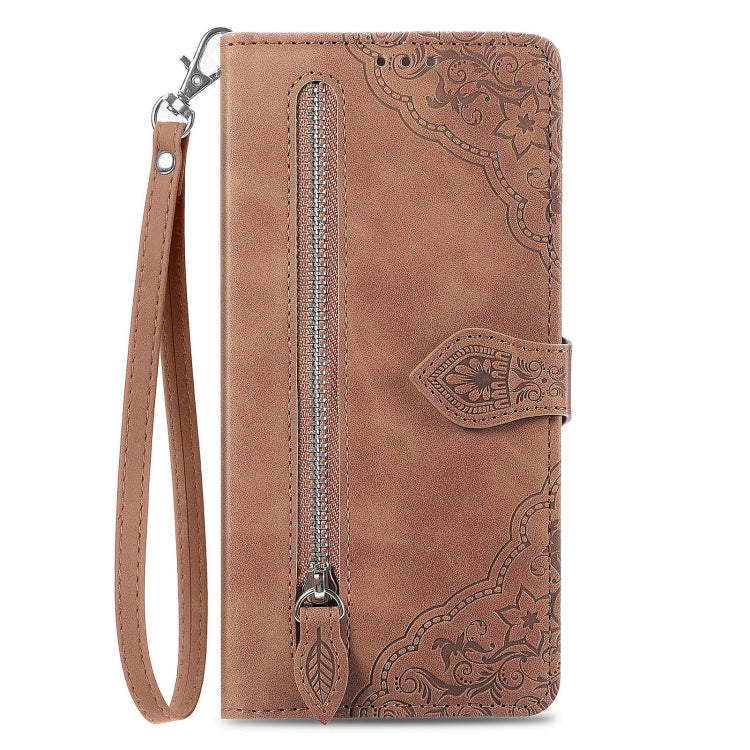 Stylish embossed flower leather phone case for Motorola Moto G 5G 2023, featuring a zipper and card holder.