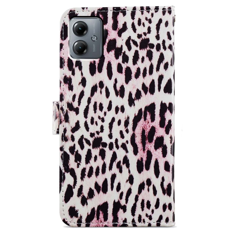 Motorola Moto G14 Painted Pattern Horizontal Flip Leather Phone Case with card slots and wrist strap, showcasing its stylish design and functionality.