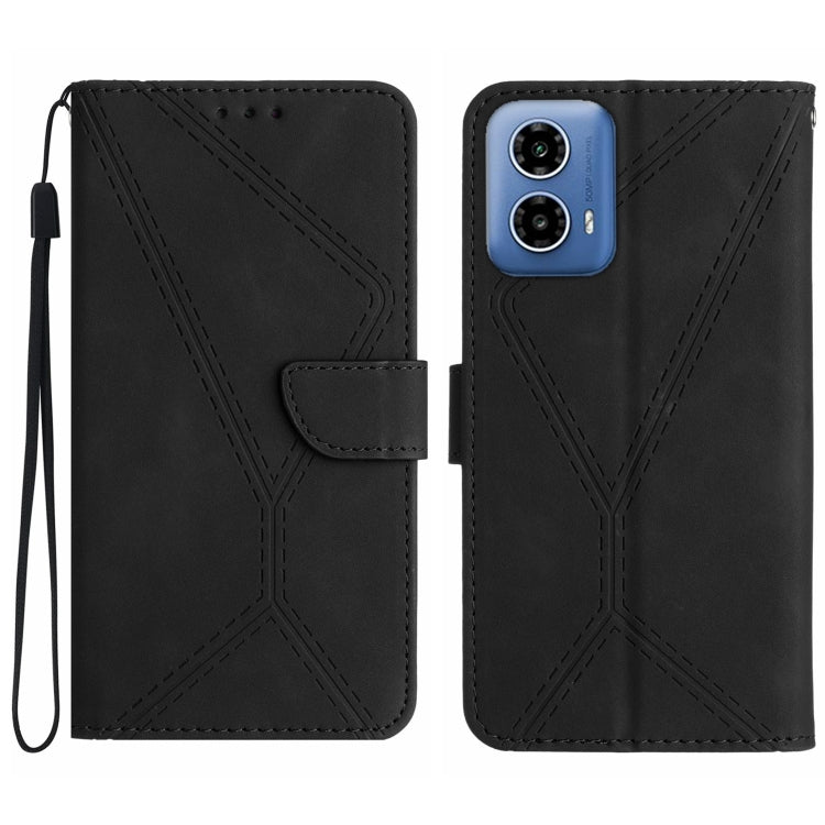 Black stitching embossed leather phone case for Motorola Moto G34 5G, featuring card slots and a kickstand.