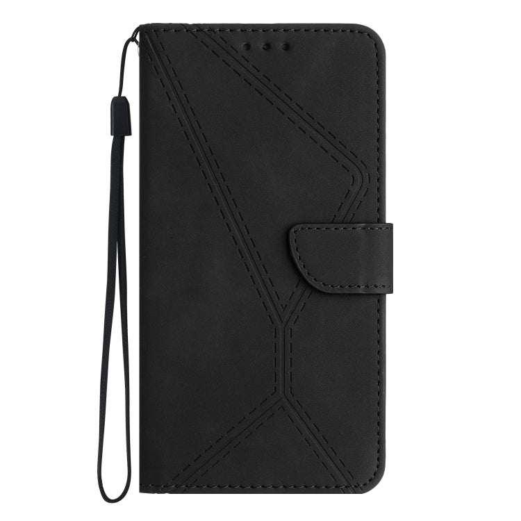 Black stitching embossed leather phone case for Motorola Moto G34 5G, featuring card slots and a kickstand.