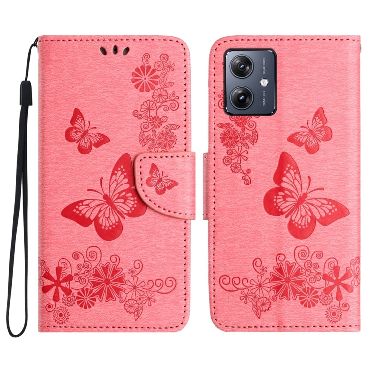 Pink butterfly embossed flip leather phone case for Motorola Moto G54, showcasing its stylish design and functional features.