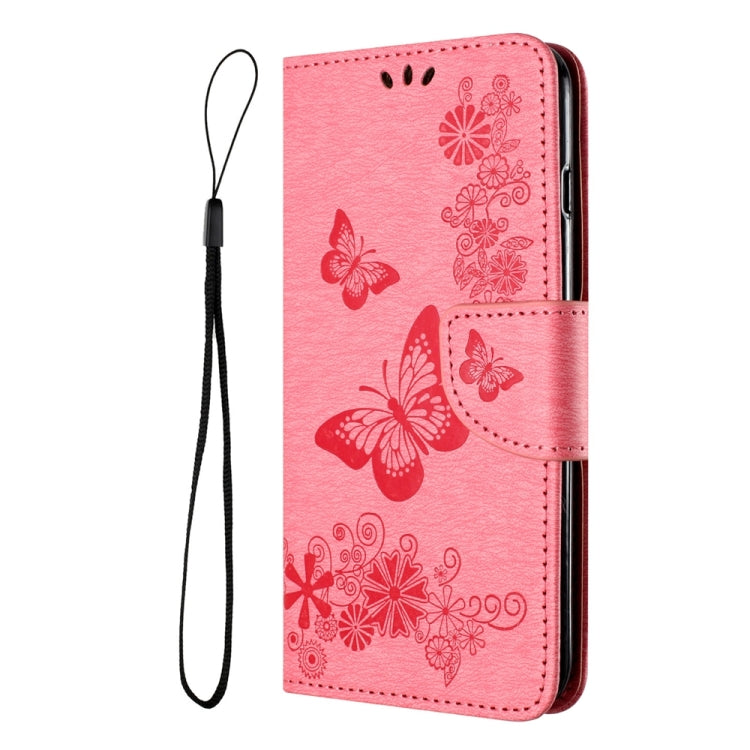 Pink butterfly embossed flip leather phone case for Motorola Moto G54, showcasing its stylish design and functional features.