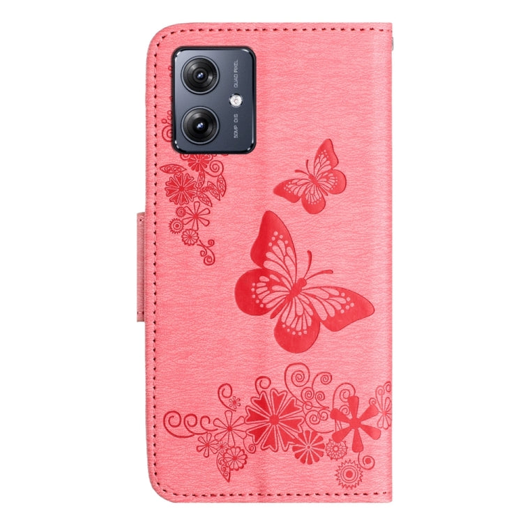 Pink butterfly embossed flip leather phone case for Motorola Moto G54, showcasing its stylish design and functional features.