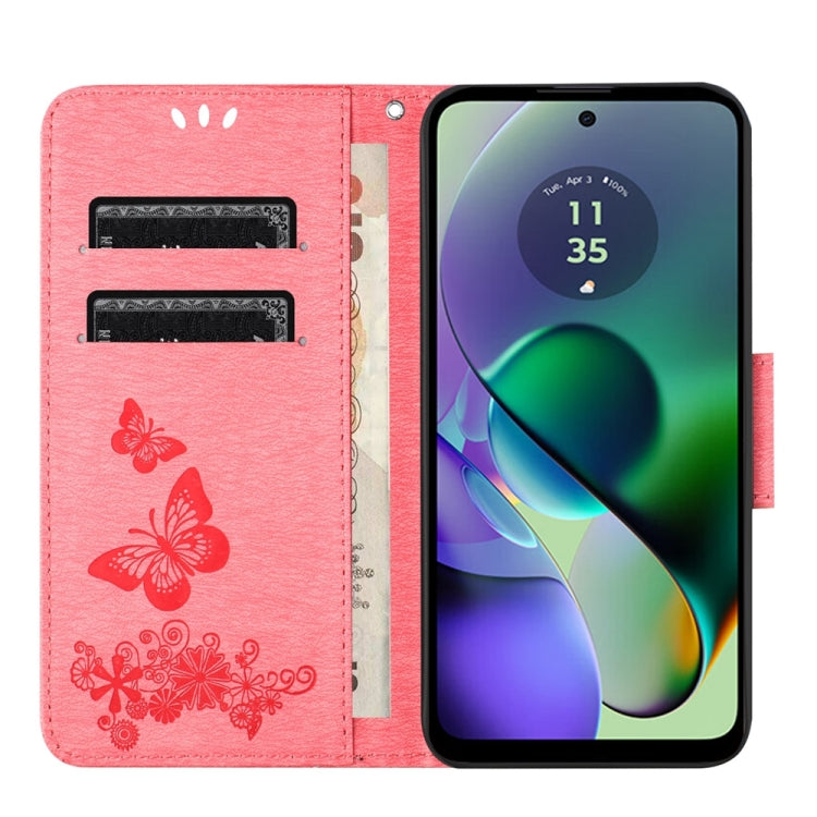 Pink butterfly embossed flip leather phone case for Motorola Moto G54, showcasing its stylish design and functional features.