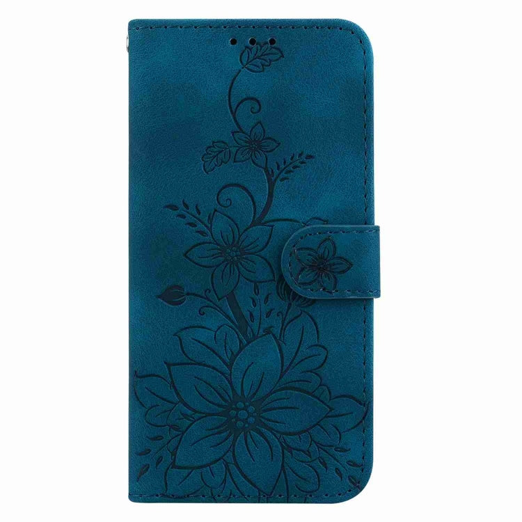 Dark blue embossed leather phone case for Motorola Moto G54, showcasing its stylish design and functional features.