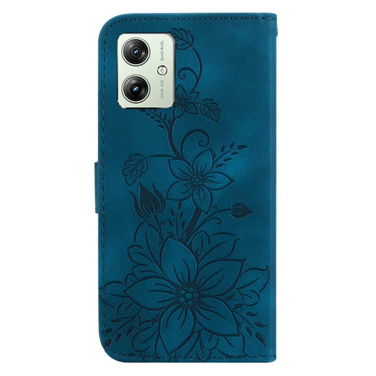 Dark blue embossed leather phone case for Motorola Moto G54, showcasing its stylish design and functional features.