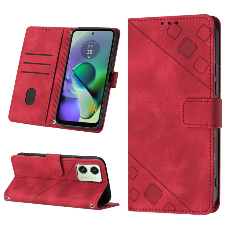 Red embossed leather phone case for Motorola Moto G54 with wallet function and kickstand.