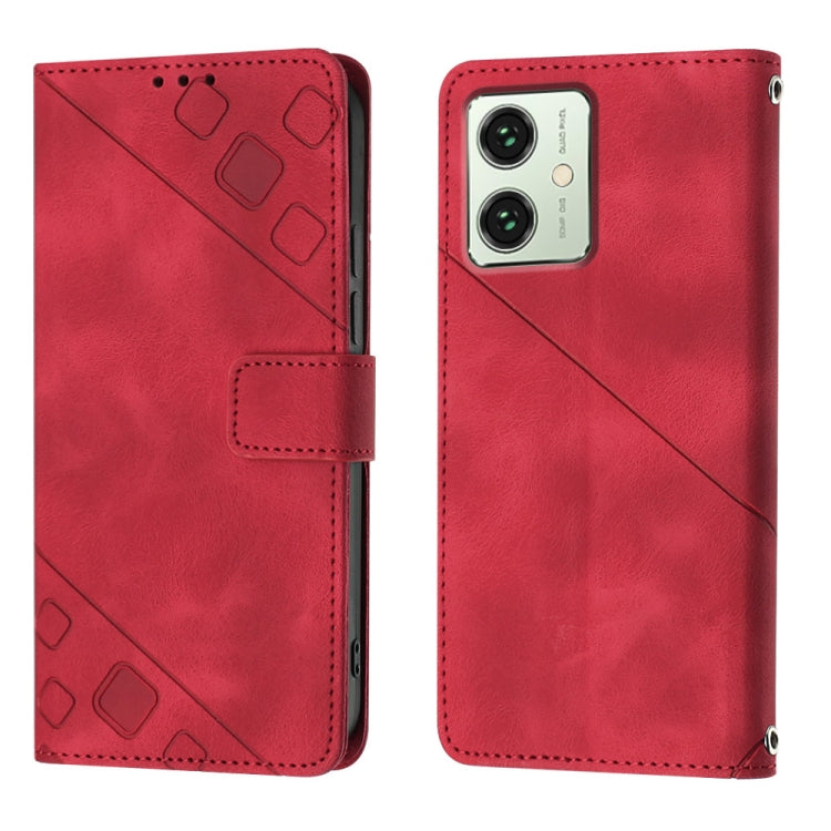 Red embossed leather phone case for Motorola Moto G54 with wallet function and kickstand.