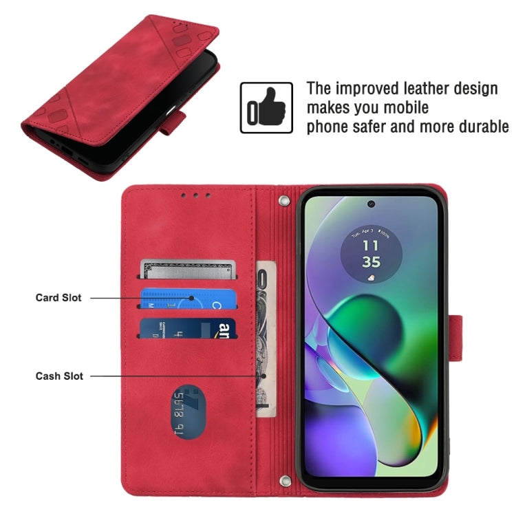 Red embossed leather phone case for Motorola Moto G54 with wallet function and kickstand.