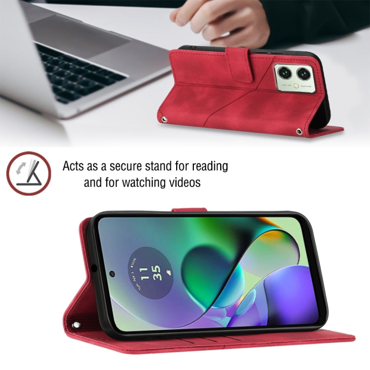 Red embossed leather phone case for Motorola Moto G54 with wallet function and kickstand.