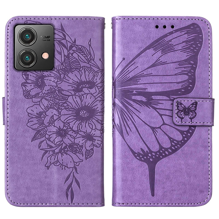 Purple embossed butterfly leather phone case designed for Motorola Moto G84, showcasing its stylish and protective features.