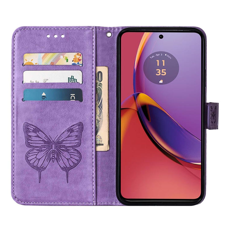 Purple embossed butterfly leather phone case designed for Motorola Moto G84, showcasing its stylish and protective features.