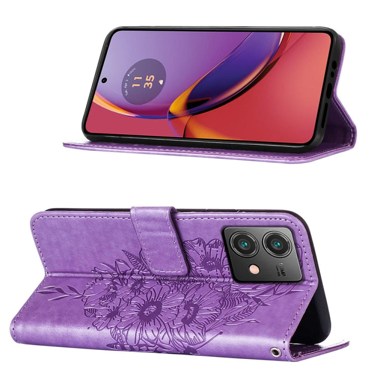 Purple embossed butterfly leather phone case designed for Motorola Moto G84, showcasing its stylish and protective features.