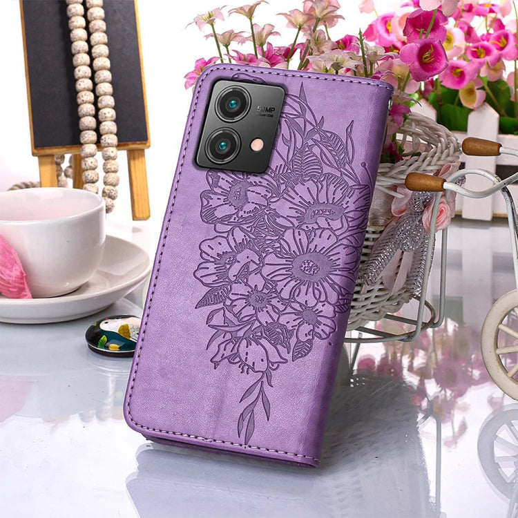 Purple embossed butterfly leather phone case designed for Motorola Moto G84, showcasing its stylish and protective features.