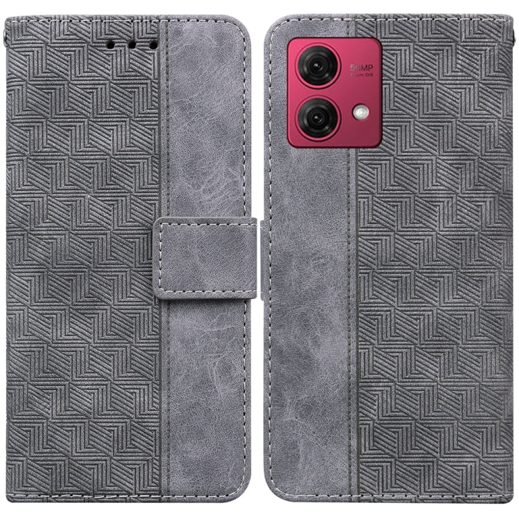 Grey geometric embossed leather phone case for Motorola Moto G84, showcasing its stylish design and card slots.