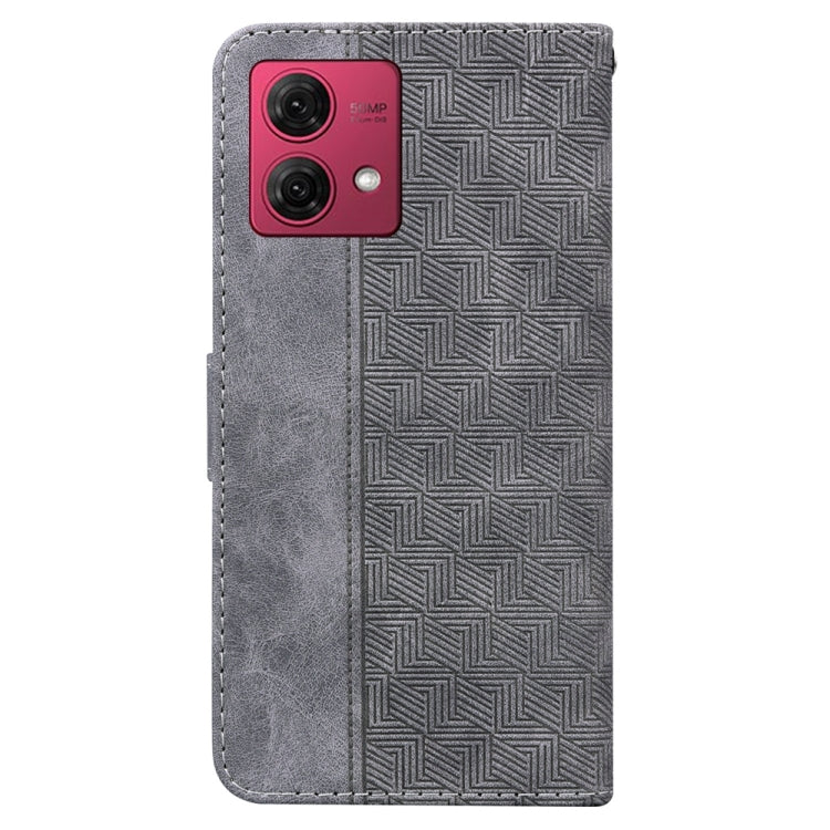 Grey geometric embossed leather phone case for Motorola Moto G84, showcasing its stylish design and card slots.