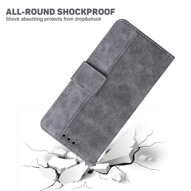 Grey geometric embossed leather phone case for Motorola Moto G84, showcasing its stylish design and card slots.