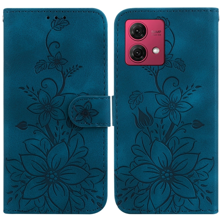 Dark blue embossed leather phone case for Motorola Moto G84, showcasing its elegant design and functional features.