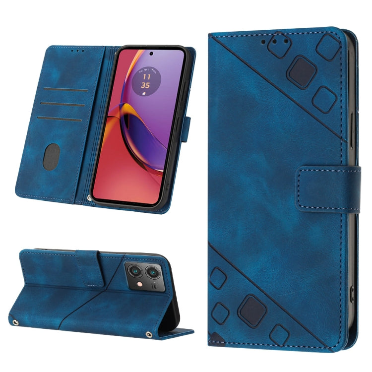 Blue embossed leather phone case for Motorola Moto G84, showcasing its stylish design and wallet functionality.