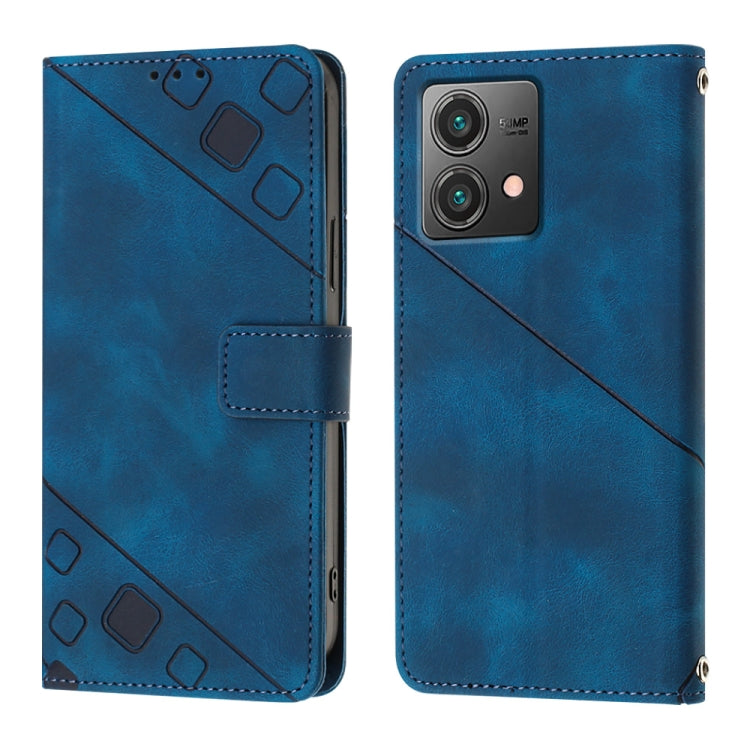 Blue embossed leather phone case for Motorola Moto G84, showcasing its stylish design and wallet functionality.