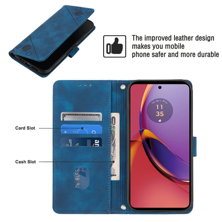 Blue embossed leather phone case for Motorola Moto G84, showcasing its stylish design and wallet functionality.