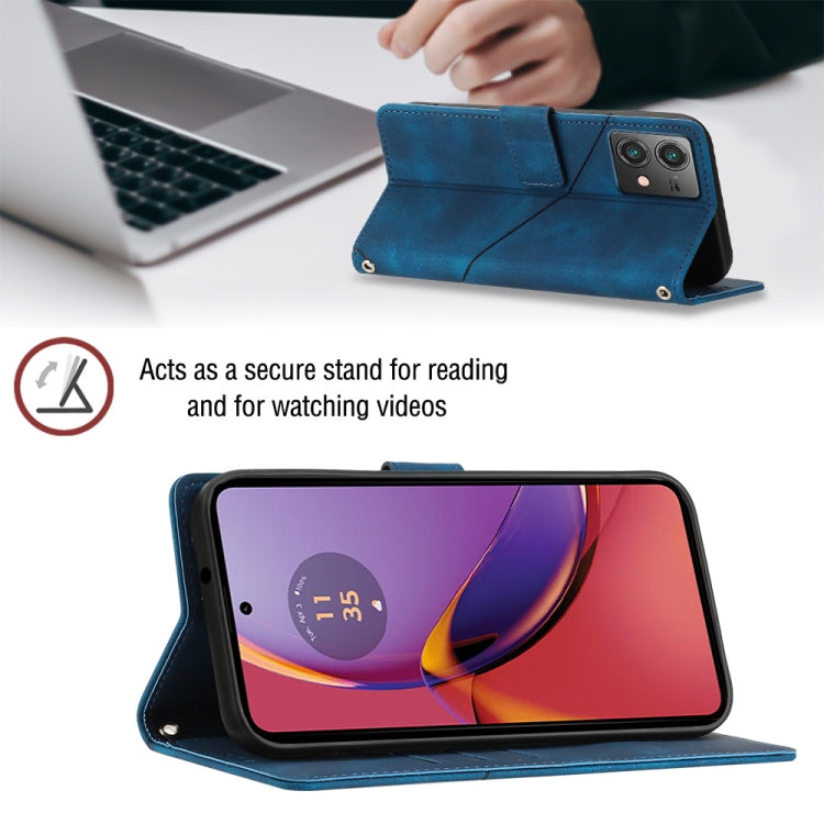 Blue embossed leather phone case for Motorola Moto G84, showcasing its stylish design and wallet functionality.