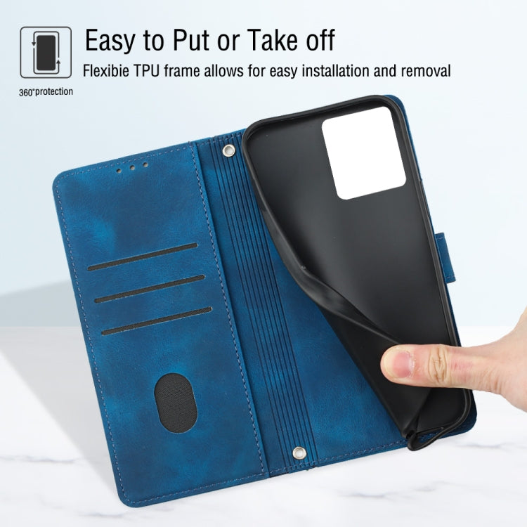 Blue embossed leather phone case for Motorola Moto G84, showcasing its stylish design and wallet functionality.