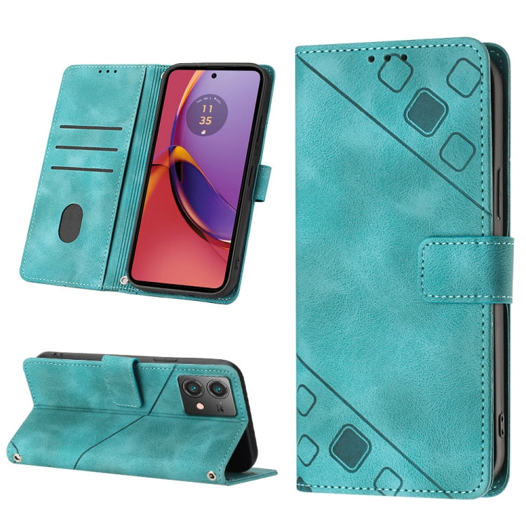 Green embossed leather phone case for Motorola Moto G84, featuring card slots, cash compartment, and a kickstand for hands-free use.