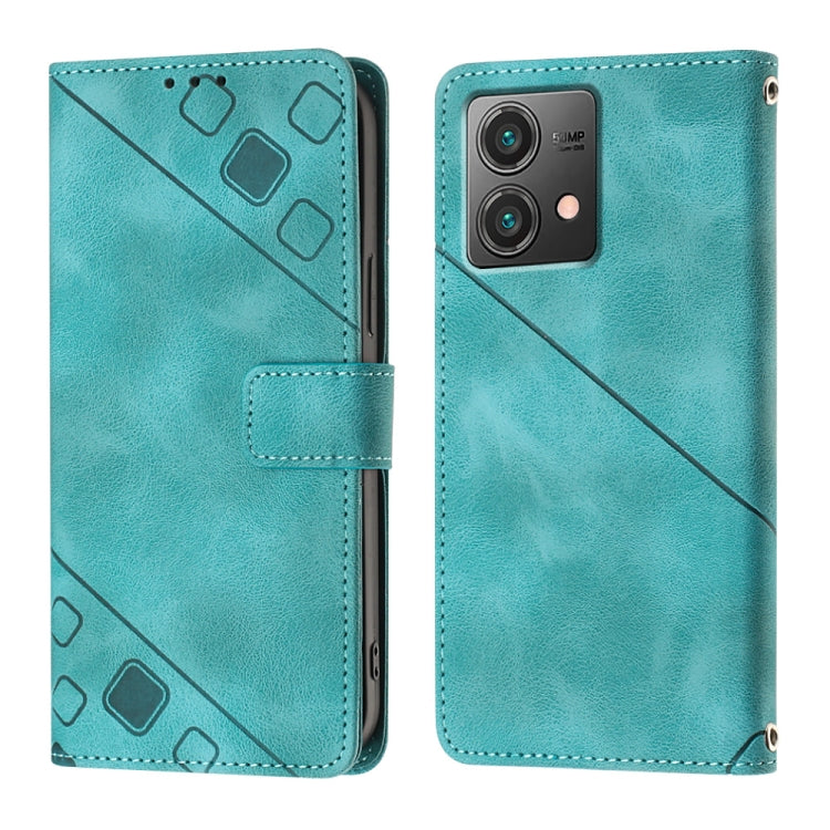 Green embossed leather phone case for Motorola Moto G84, featuring card slots, cash compartment, and a kickstand for hands-free use.