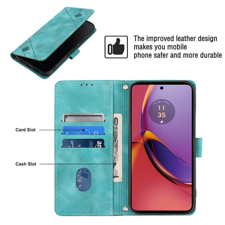 Green embossed leather phone case for Motorola Moto G84, featuring card slots, cash compartment, and a kickstand for hands-free use.