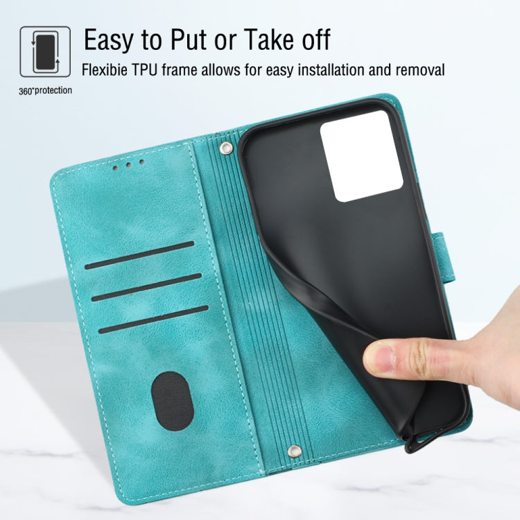 Green embossed leather phone case for Motorola Moto G84, featuring card slots, cash compartment, and a kickstand for hands-free use.