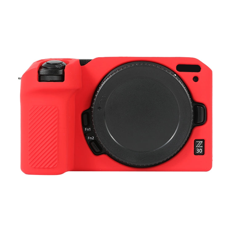 Red soft silicone protective case for Nikon Z 30 camera with lens cover, showcasing its sleek design and durable material.