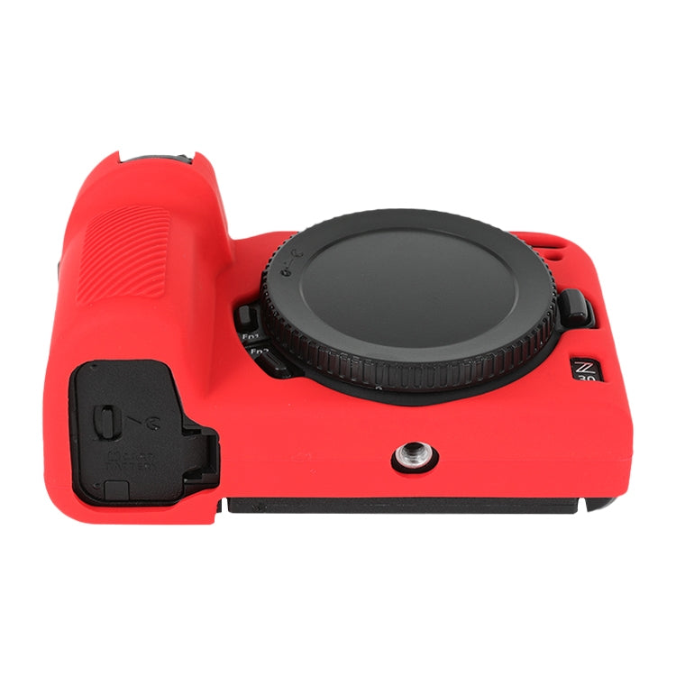 Red soft silicone protective case for Nikon Z 30 camera with lens cover, showcasing its sleek design and durable material.