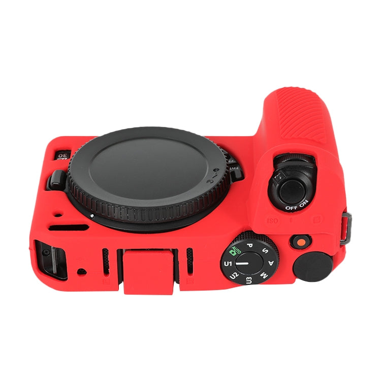 Red soft silicone protective case for Nikon Z 30 camera with lens cover, showcasing its sleek design and durable material.