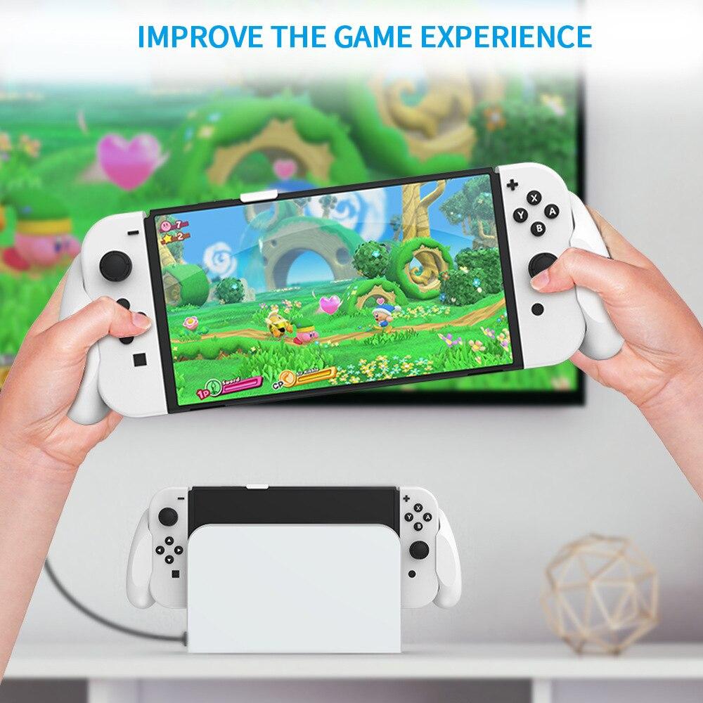 Ergonomic handle grip for Nintendo Switch OLED, providing comfort and protection during gaming.