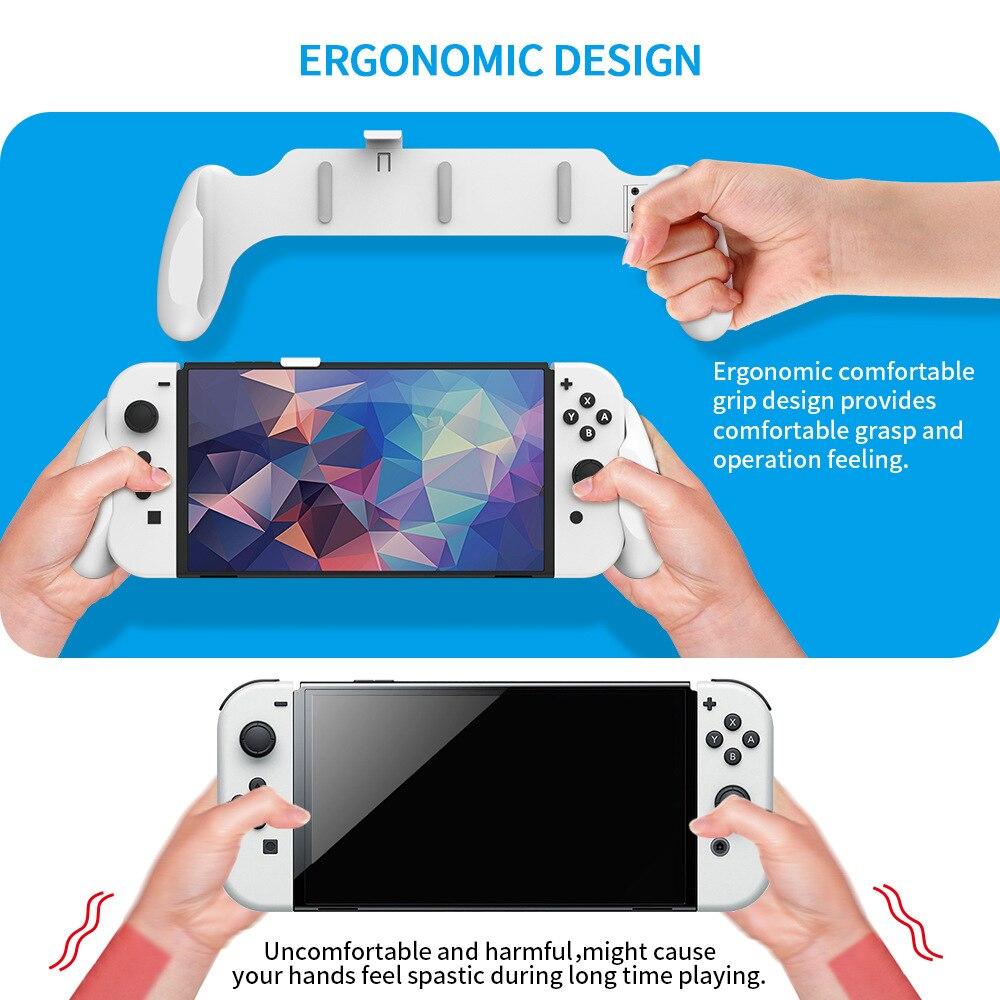 Ergonomic handle grip for Nintendo Switch OLED, providing comfort and protection during gaming.