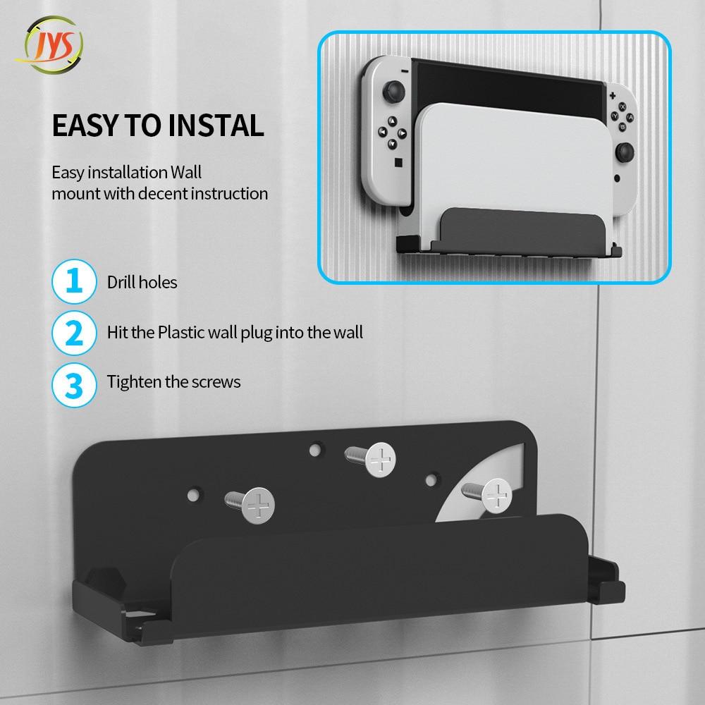 A sleek wall-mounted stand holder for Nintendo Switch OLED, showcasing its protective features and modern design.