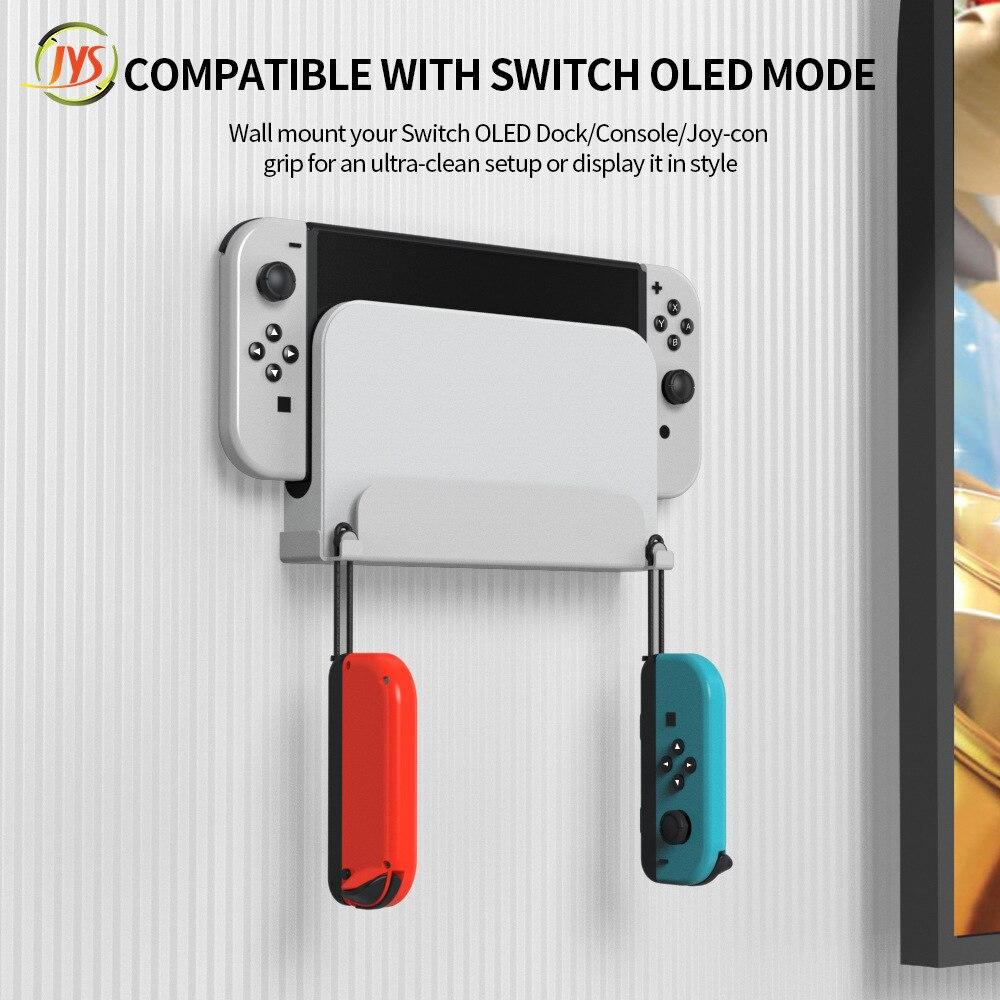 A sleek wall-mounted stand holder for Nintendo Switch OLED, showcasing its protective features and modern design.