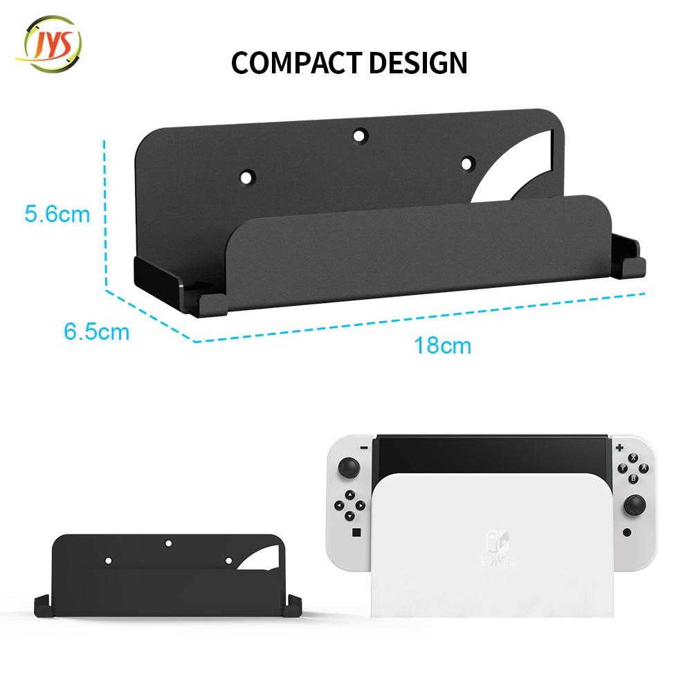 A sleek wall-mounted stand holder for Nintendo Switch OLED, showcasing its protective features and modern design.