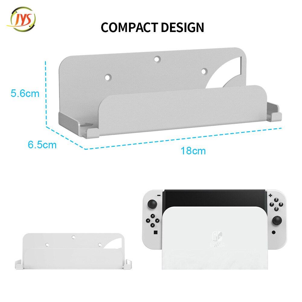 A sleek wall-mounted stand holder for Nintendo Switch OLED, showcasing its protective features and modern design.