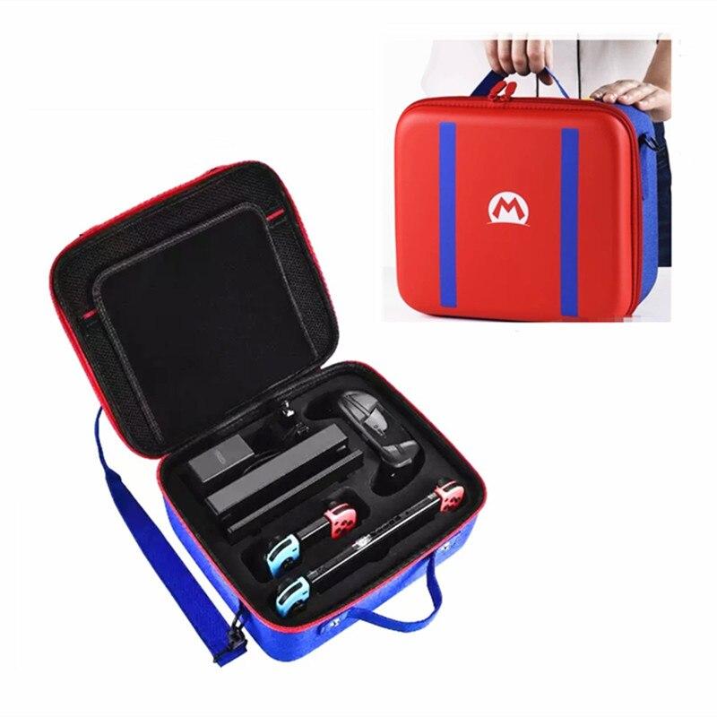 Red Nintendo Switch storage bag featuring Super Mario design, ideal for carrying console and accessories.