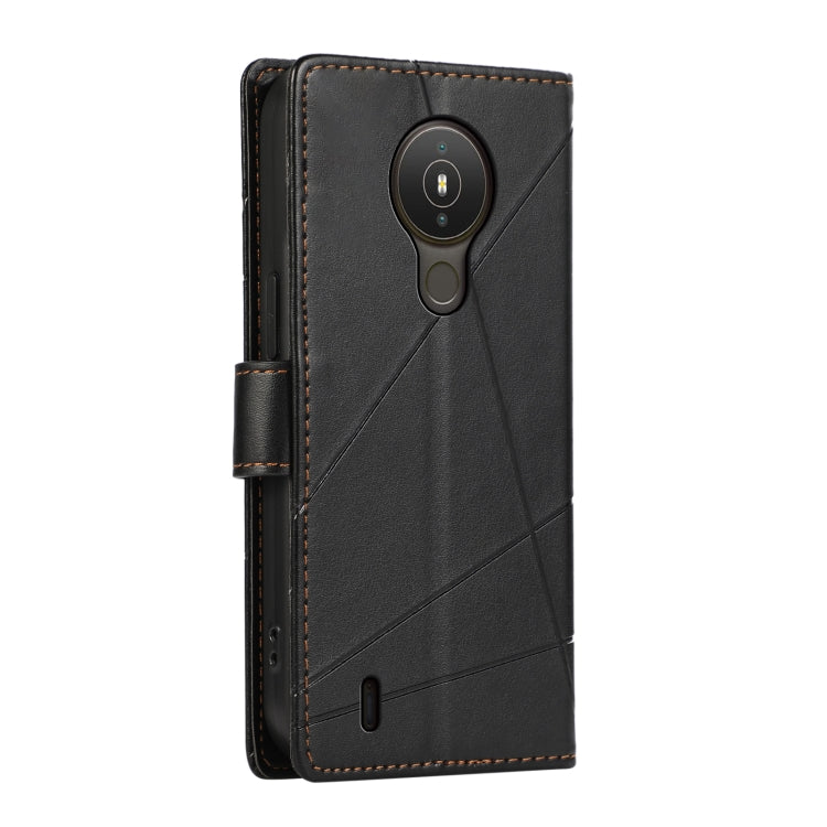 For Nokia 1.4 PU genuine leather texture embossed line phone case with card slots and wrist strap.