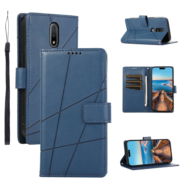 For Nokia 2.4 PU Genuine Leather Texture Embossed Line Phone Case in black with card slots and wrist strap.