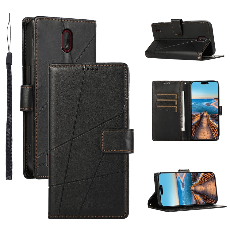 For Nokia C1 PU Genuine Leather Texture Embossed Line Phone Case in black, showcasing its wallet design and kickstand feature.