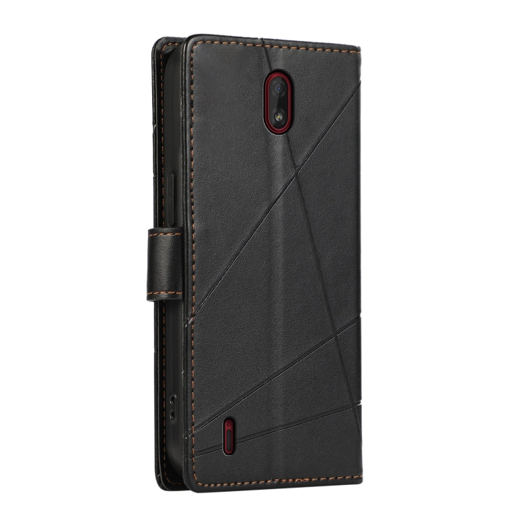 For Nokia C1 PU Genuine Leather Texture Embossed Line Phone Case in black, showcasing its wallet design and kickstand feature.