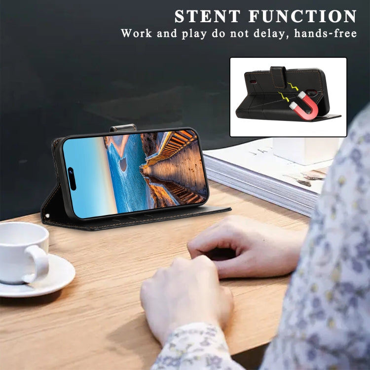 For Nokia C1 PU Genuine Leather Texture Embossed Line Phone Case in black, showcasing its wallet design and kickstand feature.