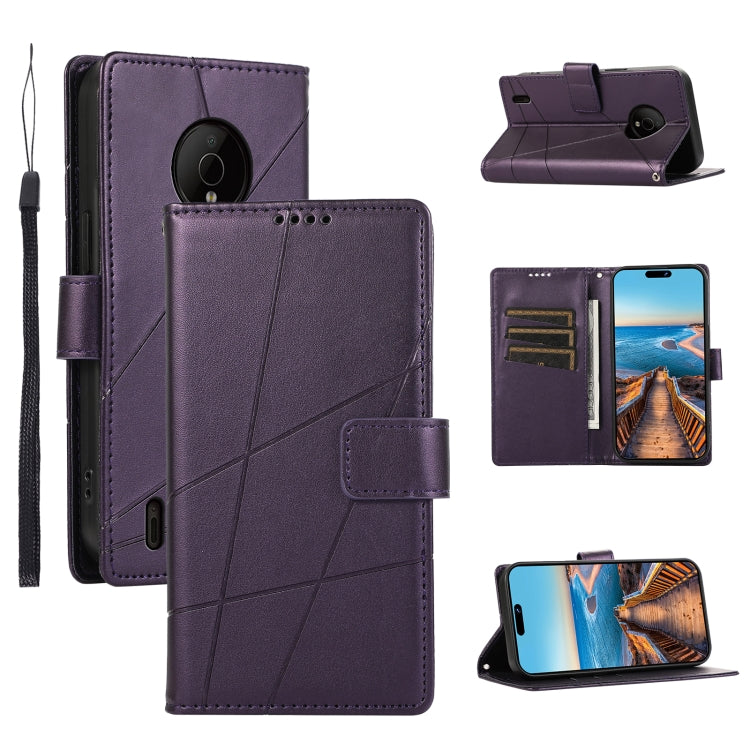 For Nokia C200 PU leather phone case with embossed texture, featuring card slots and a wrist strap.