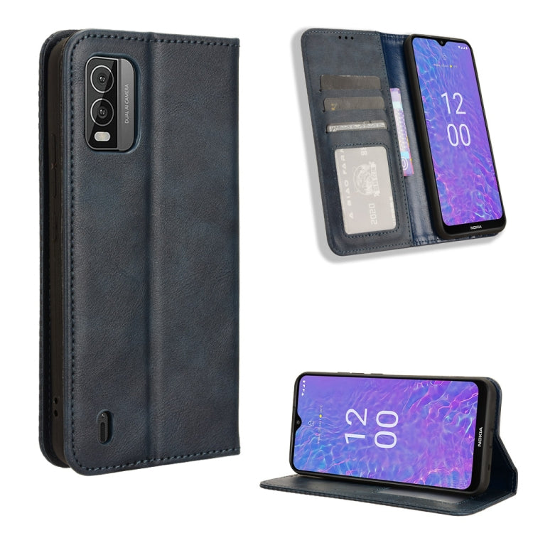 Blue leather phone case for Nokia C210 with magnetic buckle and retro texture design.