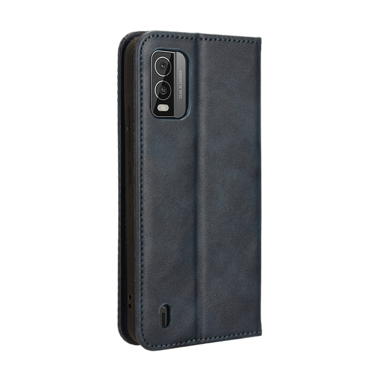 Blue leather phone case for Nokia C210 with magnetic buckle and retro texture design.